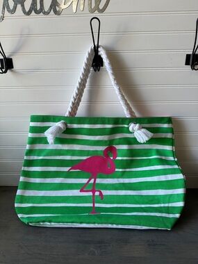 Green Striped Tote Bag with Pink Flamingo and White Rope Handles